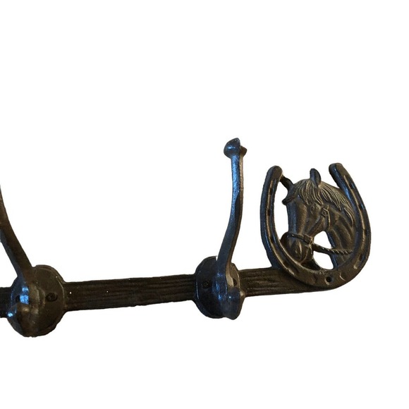 Vtg Horse Horseshoe Coat Rack Hooks Towel Hanger Western Primitive Cast Iron 23" - Picture 3 of 8